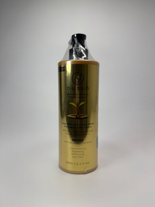 Niu Skin Total Effects Platinum White Perfumed Body Lotion in Oud Wood scent.